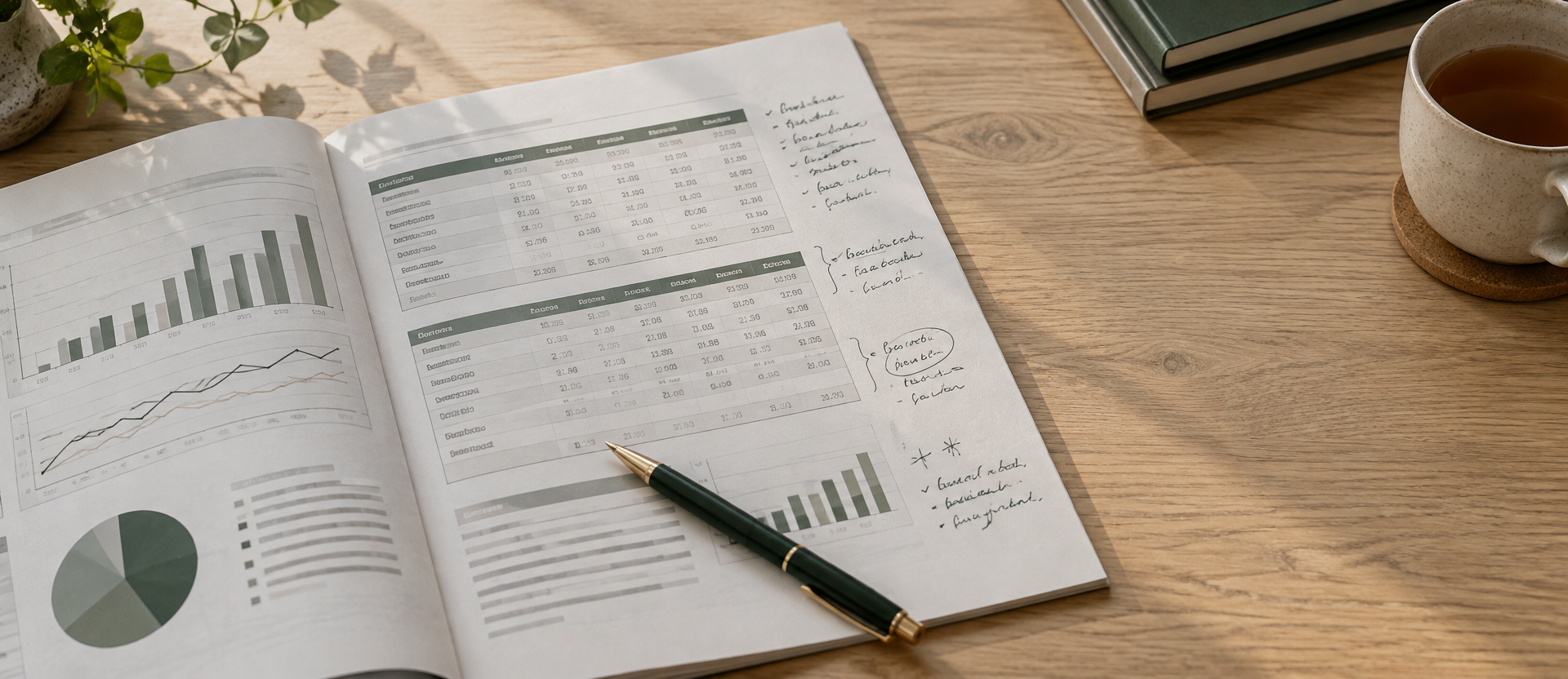 An operating review document open on a desk