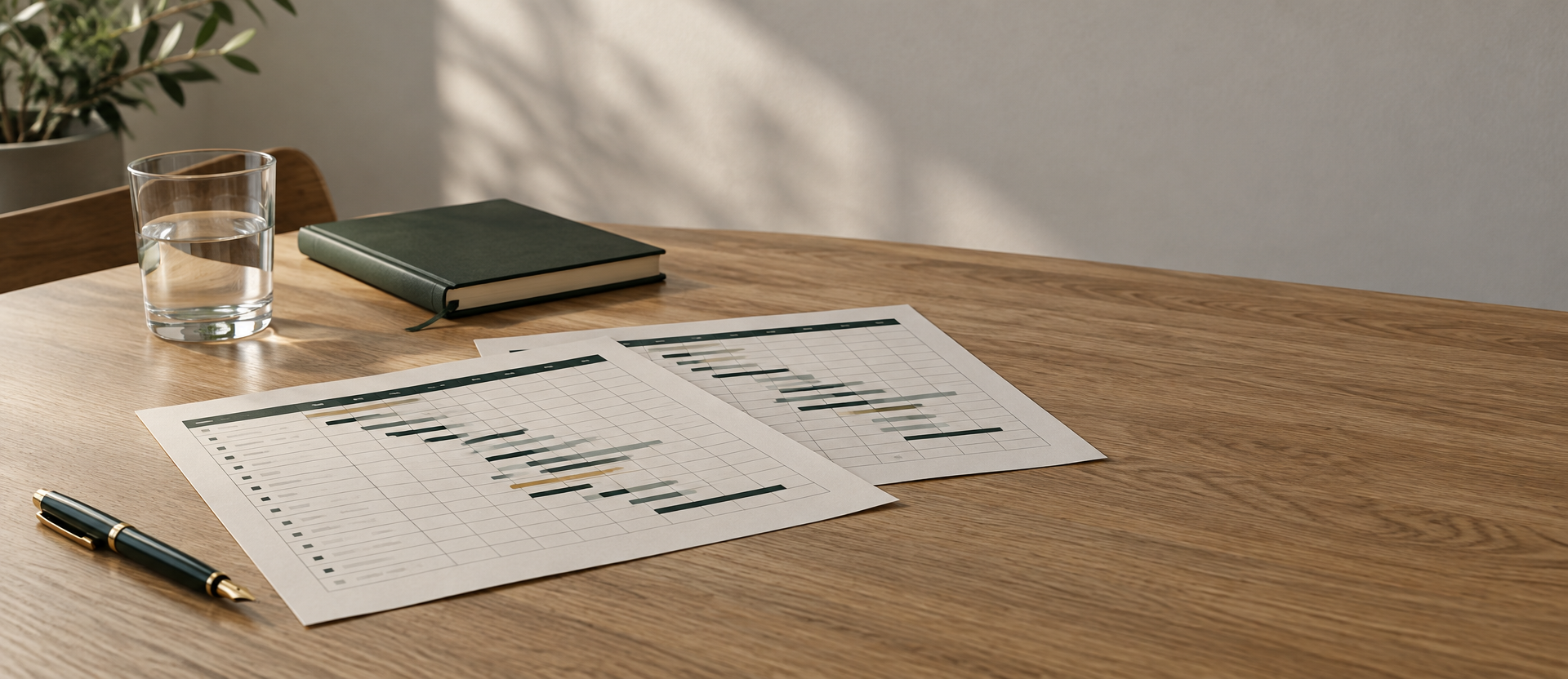 A working table with printed schedules and a notebook